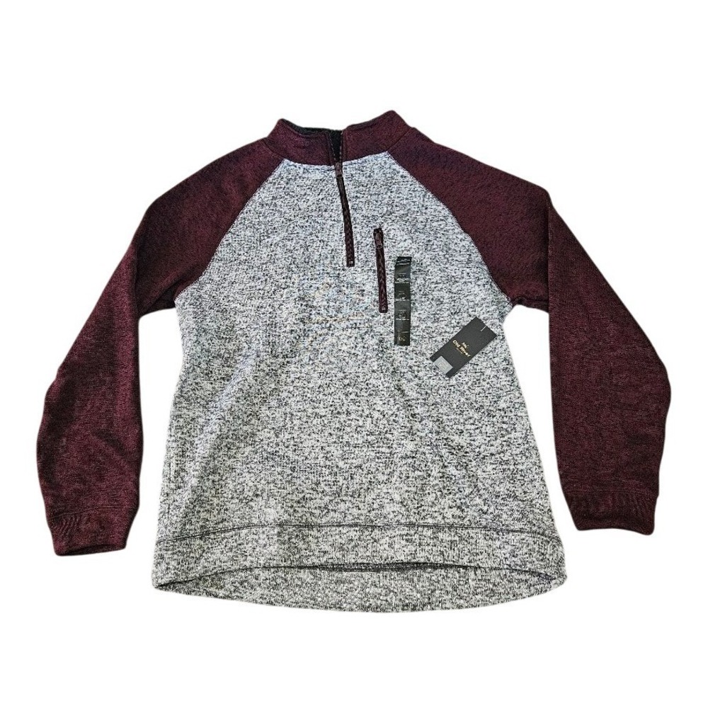 Old River Mens 1/4 Zip Pullover Fleece Mock Neck Marled Grey Burgundy Large NWT